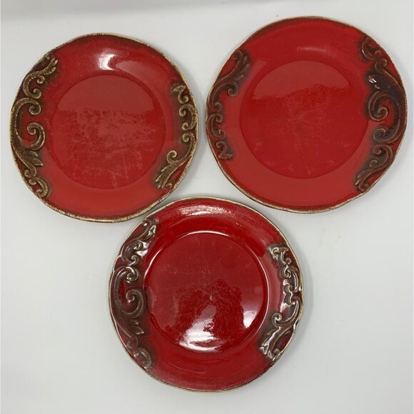 PIER 1 IMPORTS VANIA Salad Plates ~ Set of 5 ~ Brown Scrolls on Red ~ Italy - Picture 4 of 13